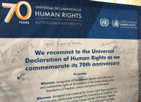 Constitution Hill: President Cyril Ramaphosa's signature on a poster commemorating the Universal Declaration of Human Rights.